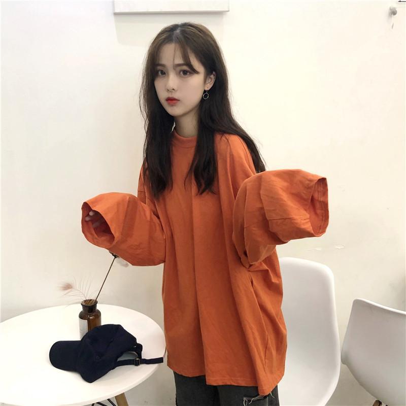 itGirl Shop BASIC SOLID COLOR ROUND NECK LONG SLEEVE LOOSE T-SHIRT