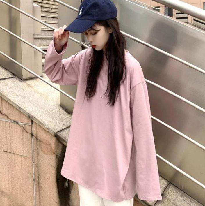 itGirl Shop BASIC SOLID COLOR ROUND NECK LONG SLEEVE LOOSE T-SHIRT