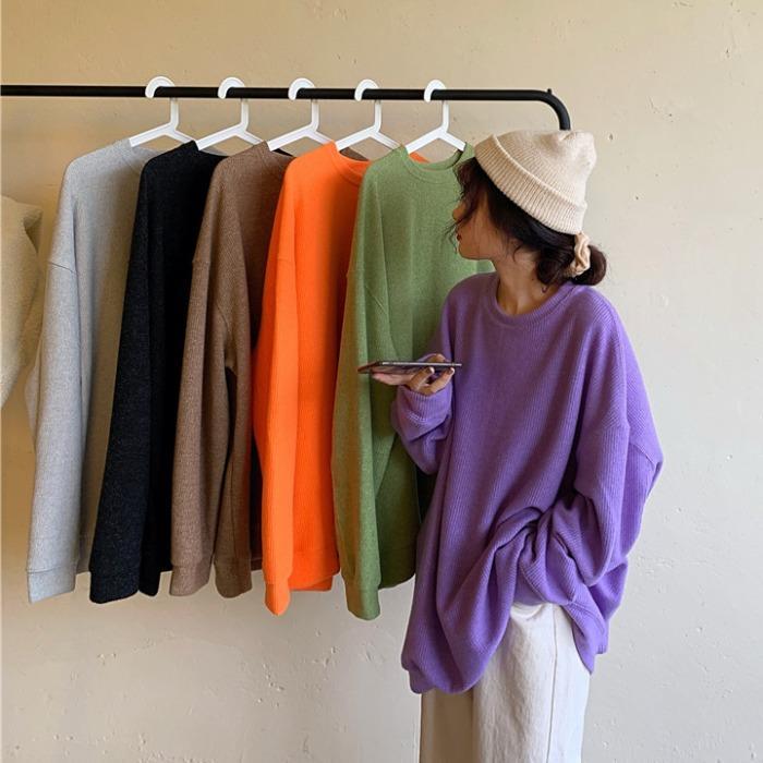itGirl Shop BASIC SOLID COLORS ROUND NECK LOOSE KNITTED PULLOVER