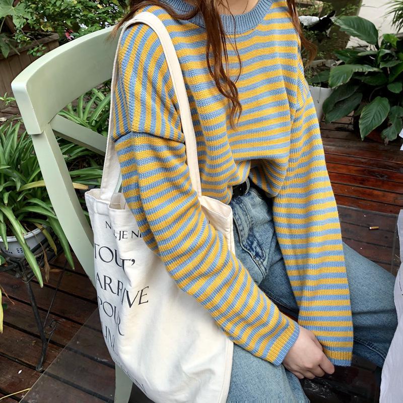 itGirl Shop BEE STYLE YELLOW BLUE STRIPES KNIT WARM SWEATER