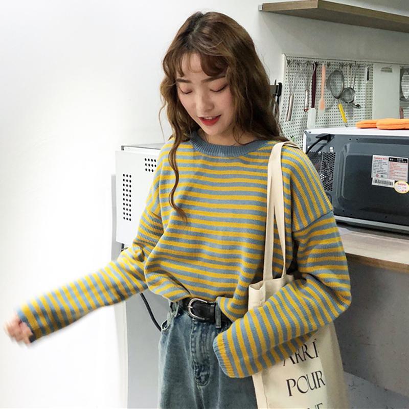 itGirl Shop - Aesthetic Clothing -Bee Style Yellow Blue Stripes Knit