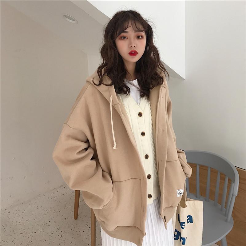 itGirl Shop - Aesthetic Clothing -Beige Buttons Loose Hooded Sweater