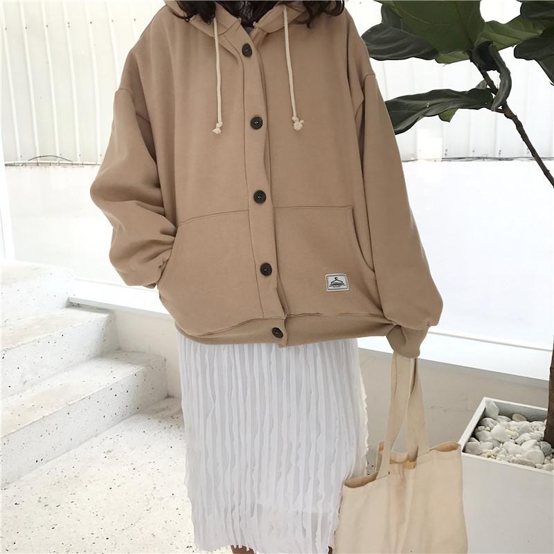 itGirl Shop BEIGE BUTTONS LOOSE HOODED SWEATER