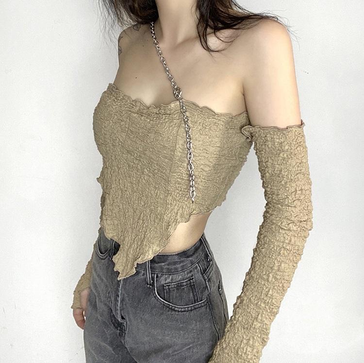 itGirl Shop BEIGE CHAIN STRAP CRUMPLED PAPER STYLE TOP WITH SLEEVES