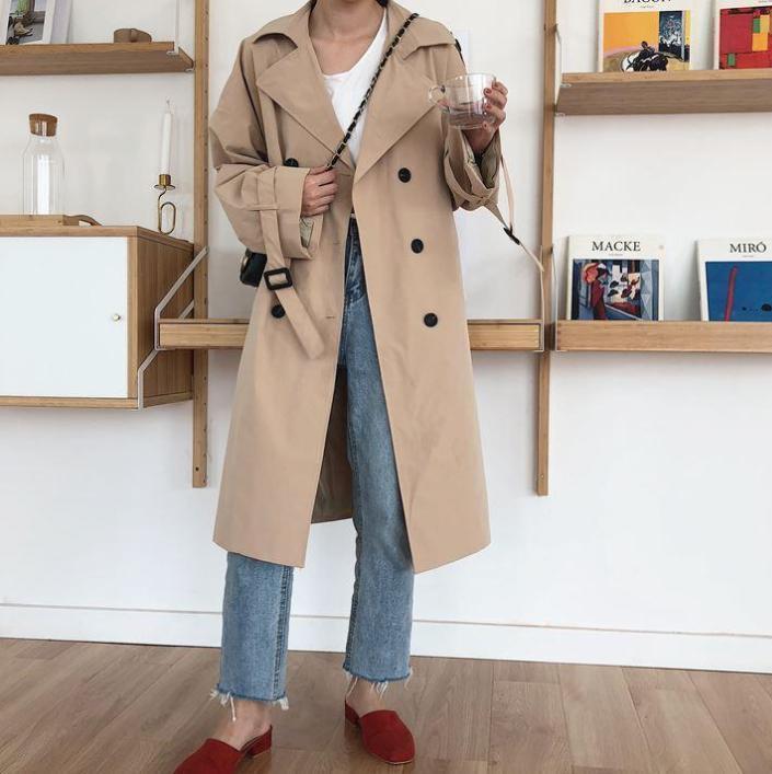 itGirl Shop BEIGE RETRO DOUBLE BREASTED LONG TRENCH COAT