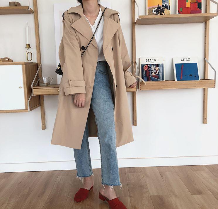 itGirl Shop BEIGE RETRO DOUBLE BREASTED LONG TRENCH COAT