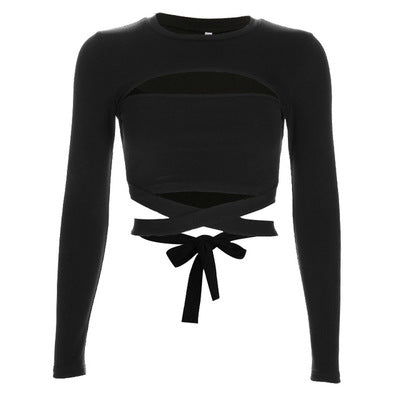 Aesthetic Clothing itGirl Shop Black Aesthetic Cutout Straps Long Sleeved Crop Top