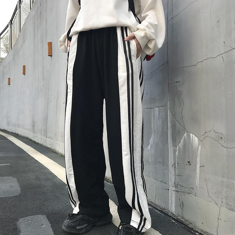 itGirl Shop BLACK AND WHITE 90s AESTHETIC SIDE LINES LOOSE PANTS