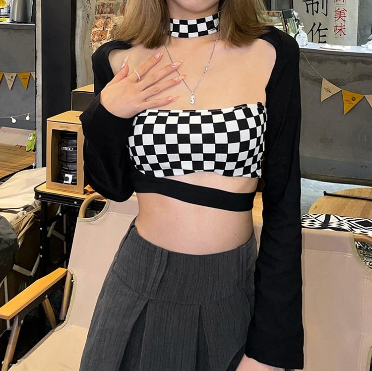 itGirl Shop BLACK AND WHITE LONG SLEEVES CHECKERED TWO PIECE TUBE TOP