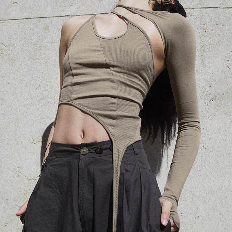 Aesthetic Clothing itGirl Shop Black Beige Edgy Irregular One Sleeve Slim Crop Top