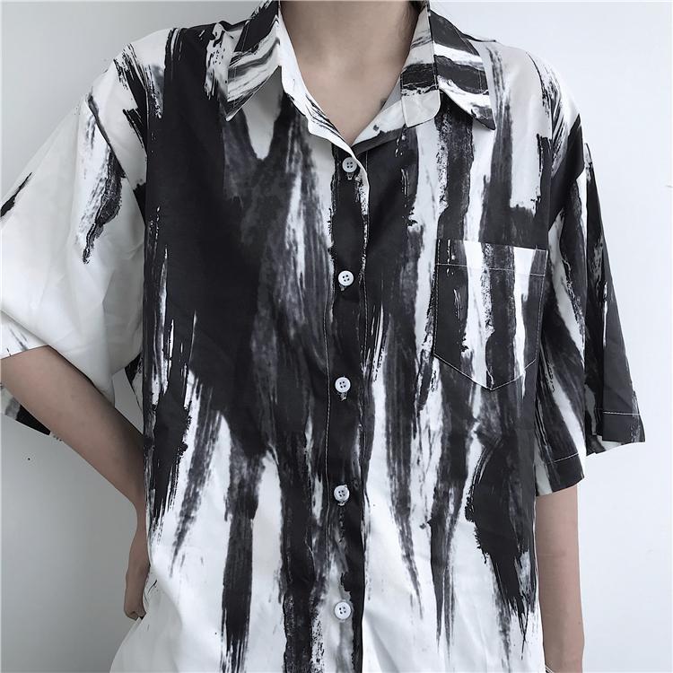 Black Brush Strokes Print Kpop White Loose Casual Shirt