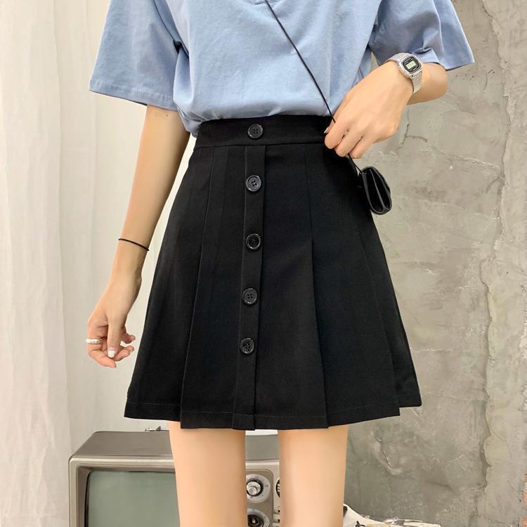 Black Casual Front Buttons Pleated High Waist Skirt