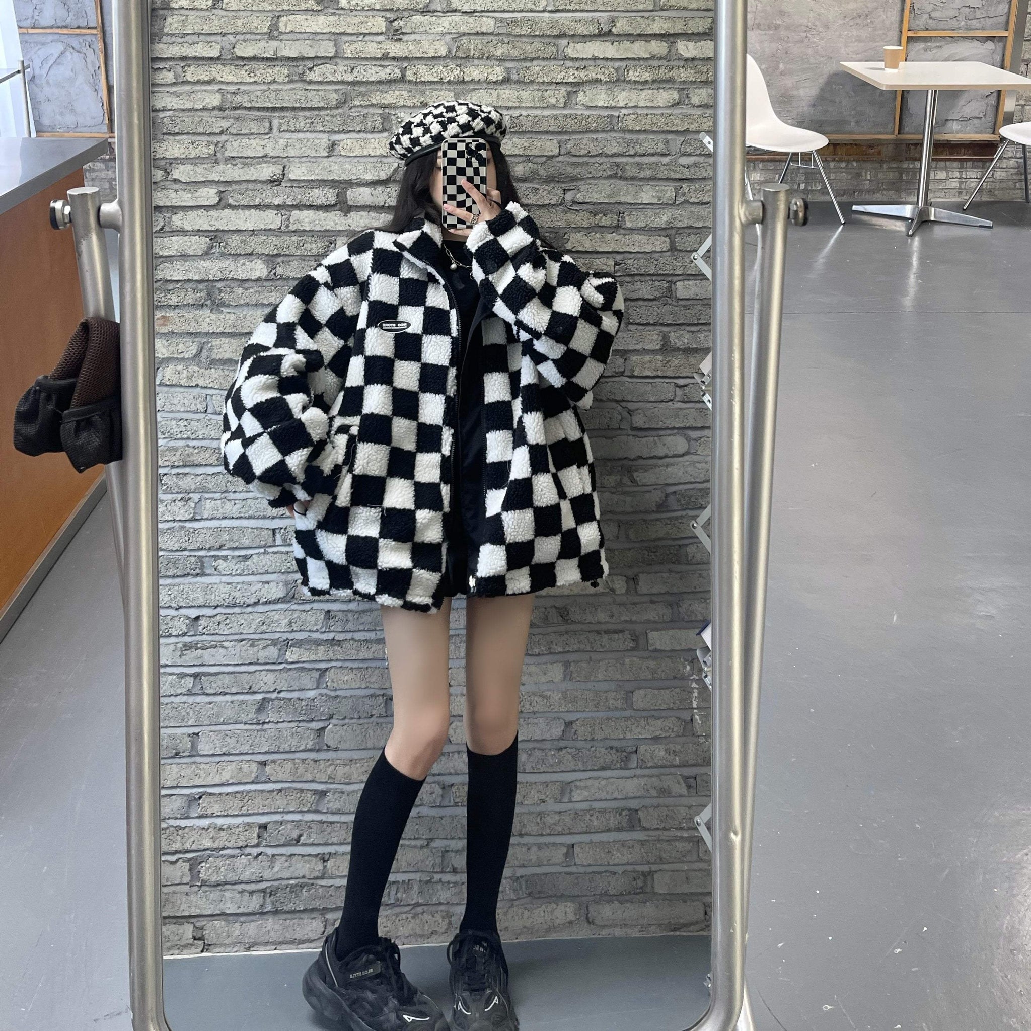 itGirl Shop BLACK CHECKERED PRINT FLUFFY TWO SIDED LOOSE JACKET