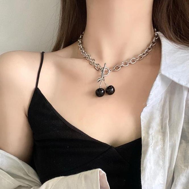 itGirl Shop BLACK CHERRY GRUNGE STYLE SILVER CHAIN NECKLACE