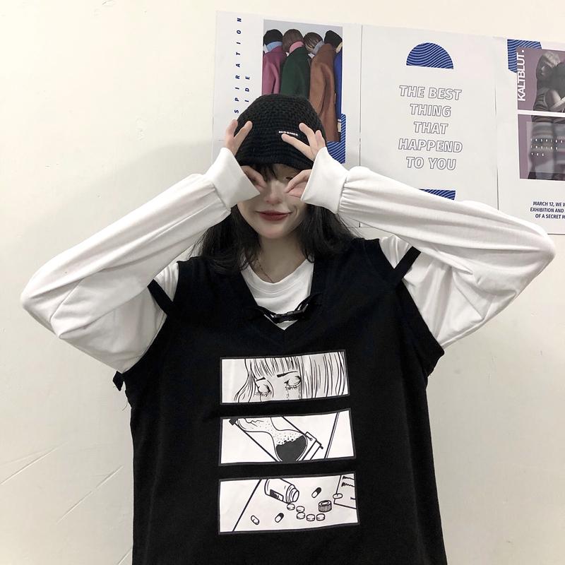 itGirl Shop BLACK COMIC PRINT LOOSE KNIT TECHWEAR VEST