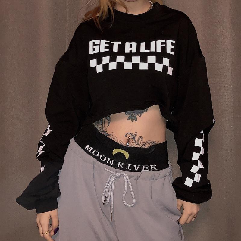 Black Get A Life Print Grunge Girl Cropped Sweatshirt