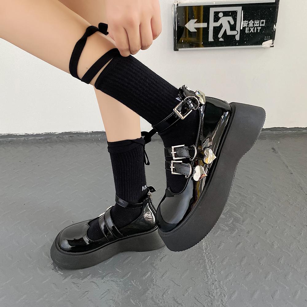 itGirl Shop BLACK GLOSSY LOLITA HEART BUCKLE THICK SOLE SHOES