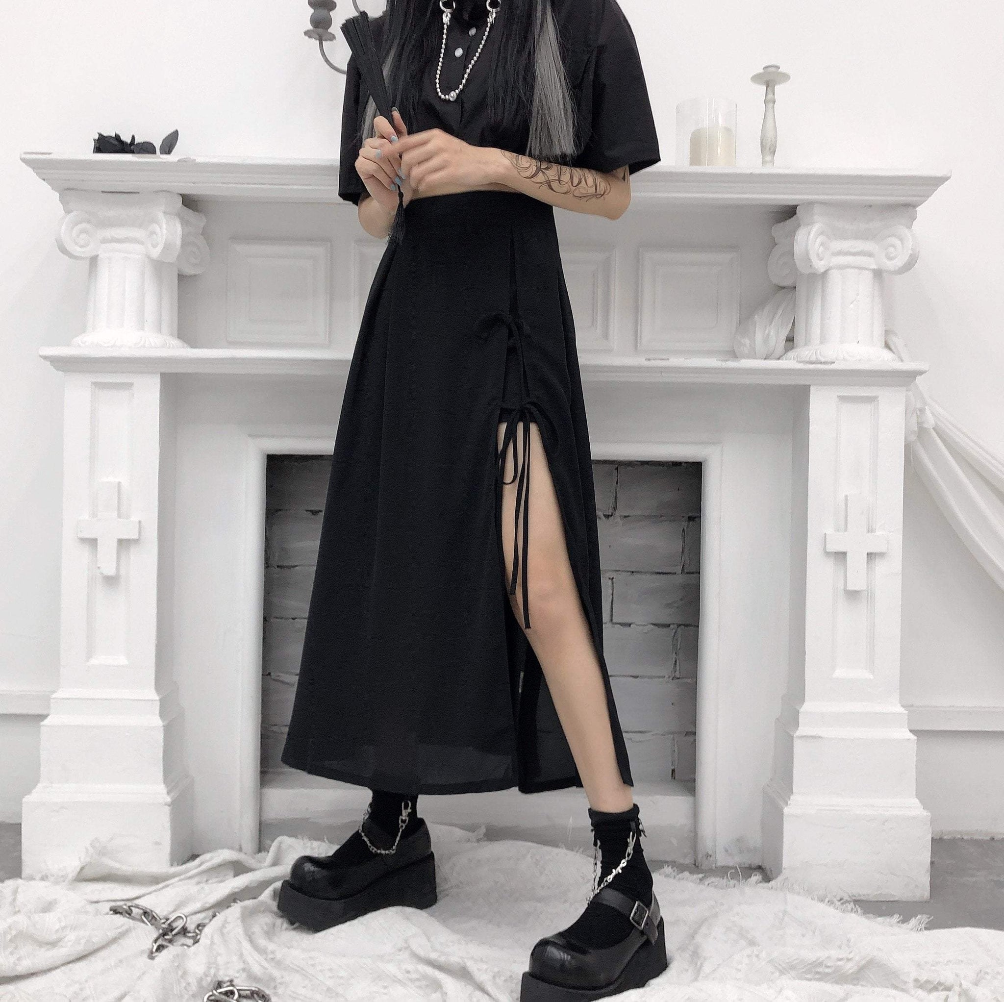 Black Goth Aesthetic Irregular Long Skirt