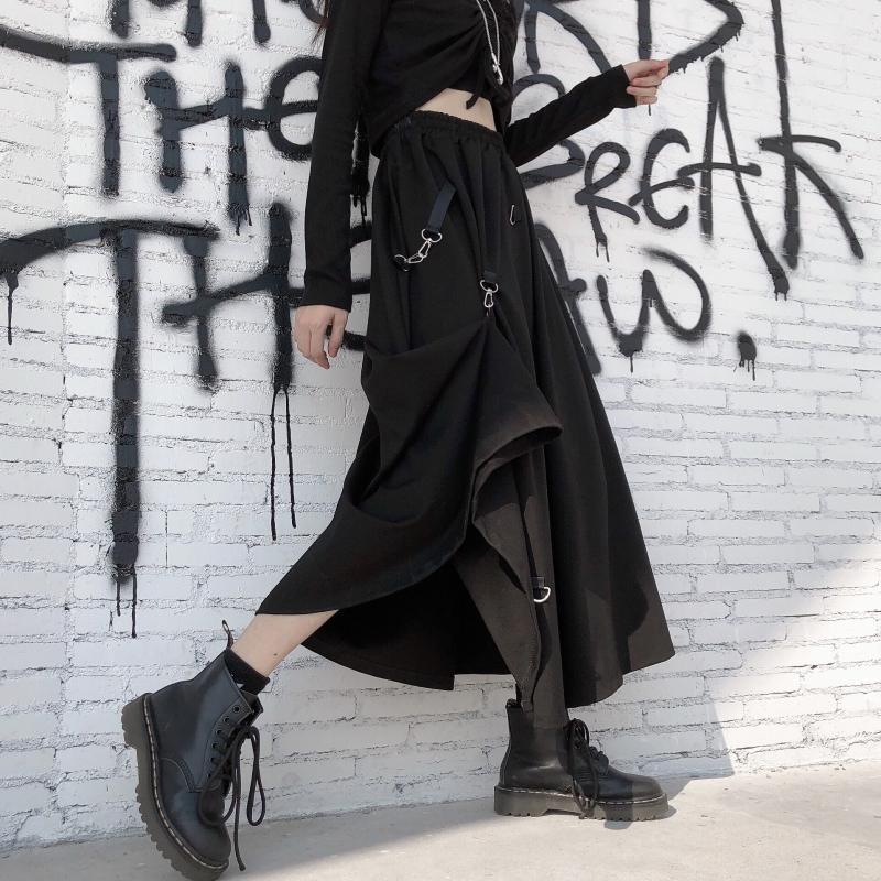Black Goth Aesthetic Metal Ring Long Skirt