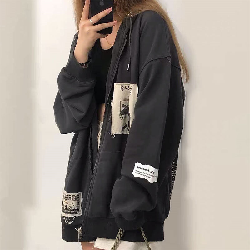 Aesthetic Clothing itGirl Shop Black Gray Grunge Aesthetic Patches Loose Hoodie