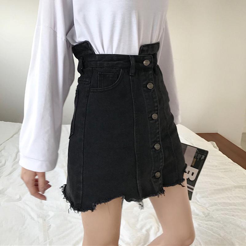 Black High Waist Front Buttons Denim Mini Skirt