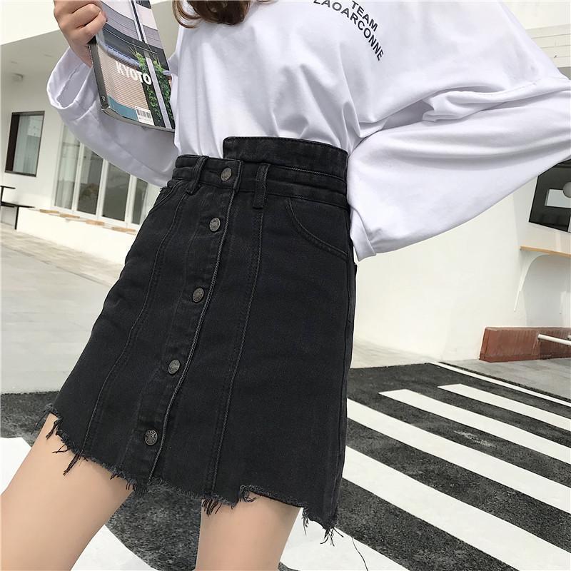 Black High Waist Front Buttons Denim Mini Skirt