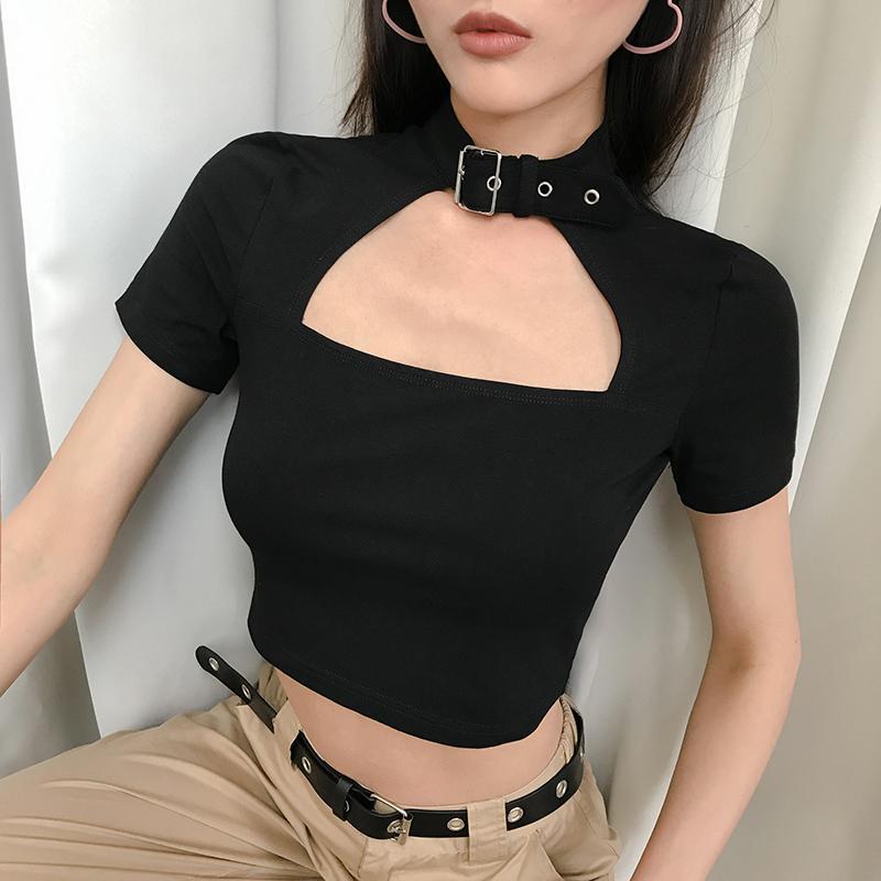 itGirl Shop BLACK HOLLOW OUT BELT COLLAR CROPPED TOP