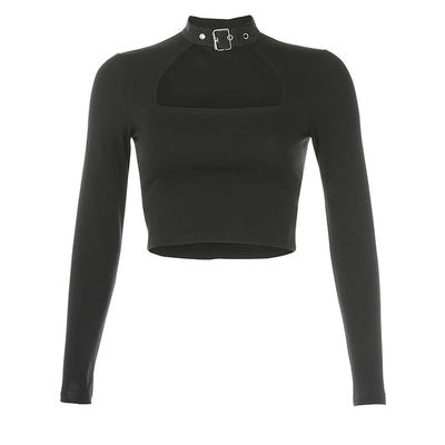 itGirl Shop | Black Hollow Out Belt Collar Long Sleeved Cropped Top