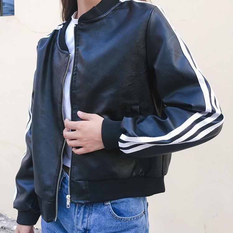 itGirl Shop BLACK LEATHER SLEEVES STRIPES BOMBER JACKET