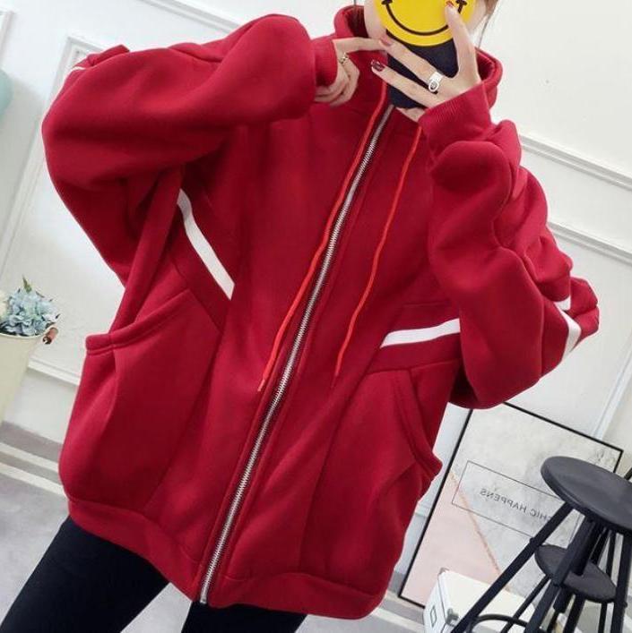 itGirl Shop BLACK RED CONTAST COLOR OVERSIZED THICK ZIPPER SWEATSHIRT