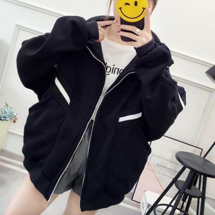 itGirl Shop BLACK RED CONTAST COLOR OVERSIZED THICK ZIPPER SWEATSHIRT