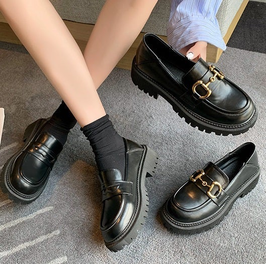 itGirl Shop BLACK RETRO AESTHETIC PU LEATHER CHUNKY SOLE SHOES