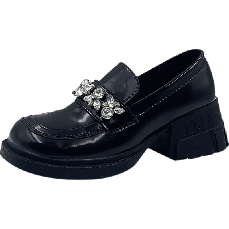itGirl Shop BLACK RHINESTONES BAND THICK MID-HEEL LOAFERS SHOES