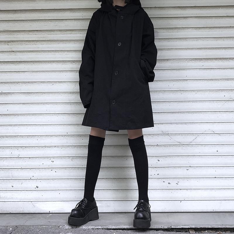 Black Simple Goth Aesthetic Loose Hooded Coat Jacket
