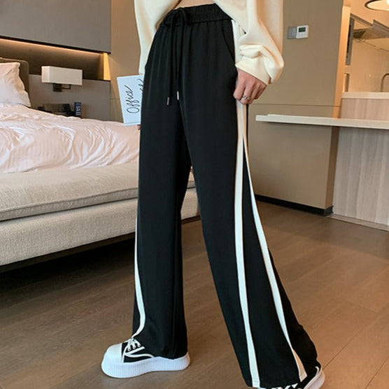 Aesthetic Clothing itGirl Shop Black Sporty Side Lines Comfy High Waist Loose Pants