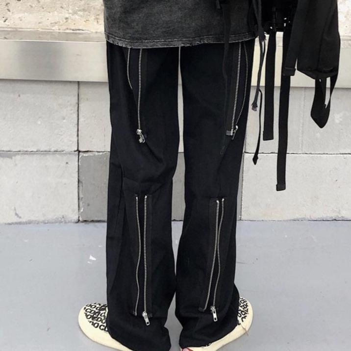 Black Techwear Back Zipper Straight Oversized Pants