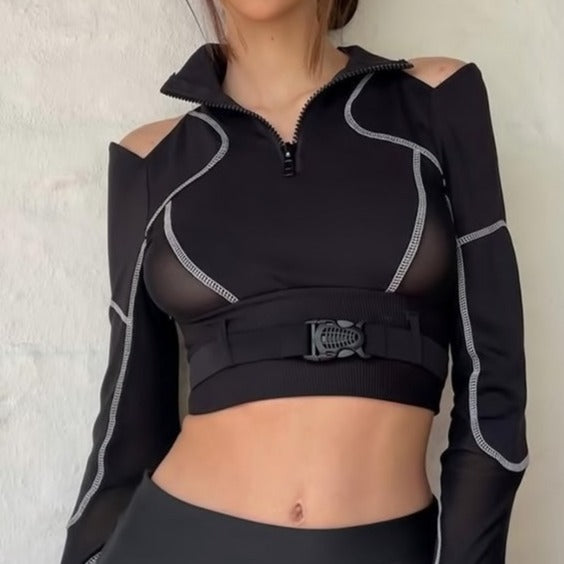 Aesthetic Clothing itGirl Shop Black Transparent Techwear Cutout Zipper Collar Crop Top