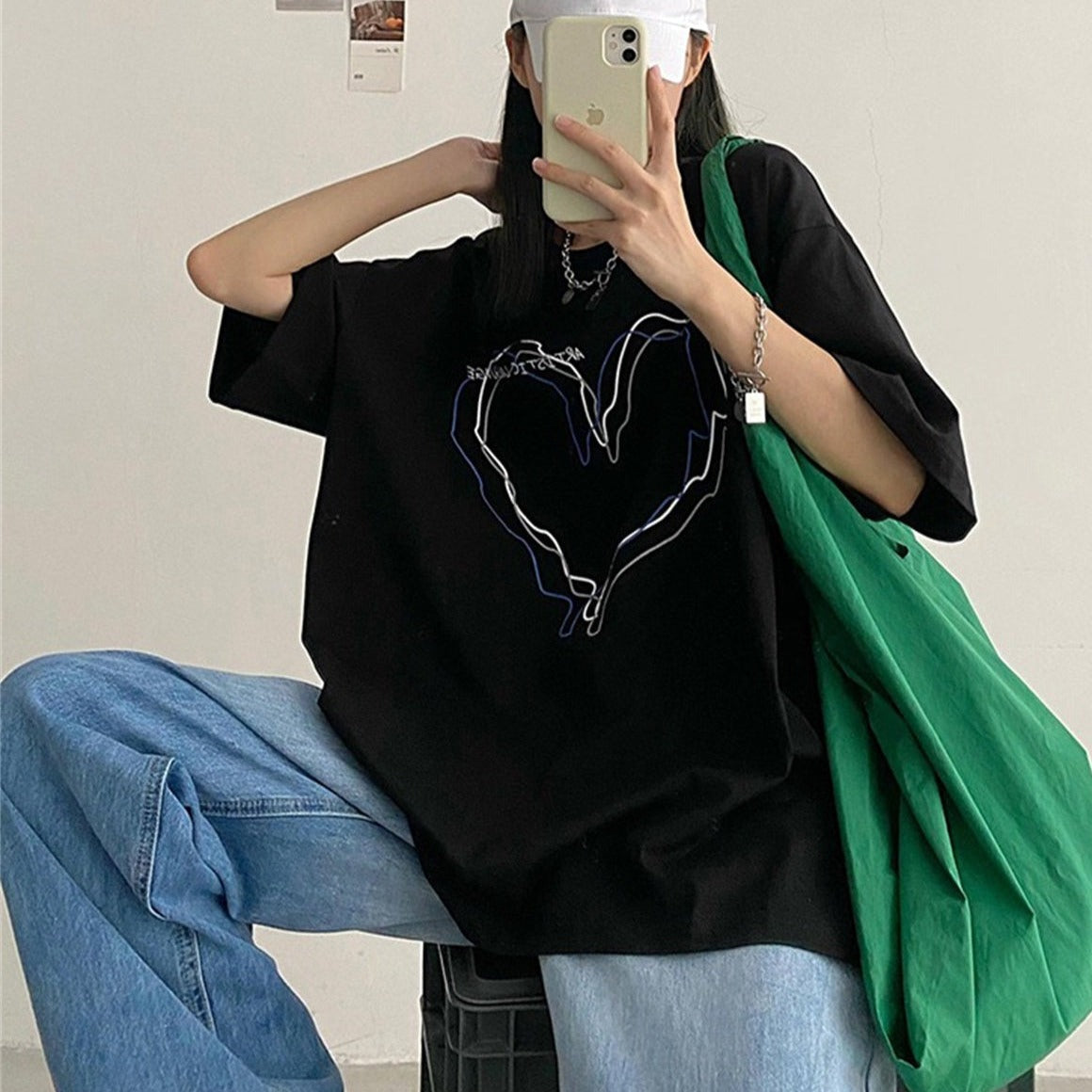 Aesthetic Clothing itGirl Shop Black White Art Aesthetic Heart Print Oversized T-shirt