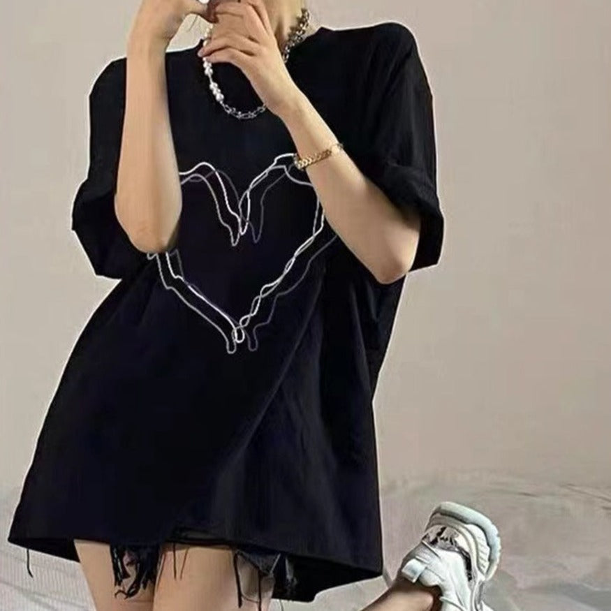 Aesthetic Clothing itGirl Shop Black White Art Aesthetic Heart Print Oversized T-shirt
