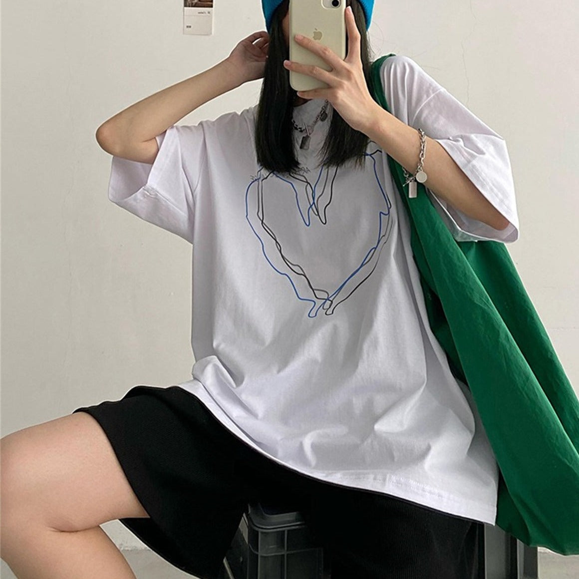 Aesthetic Clothing itGirl Shop Black White Art Aesthetic Heart Print Oversized T-shirt