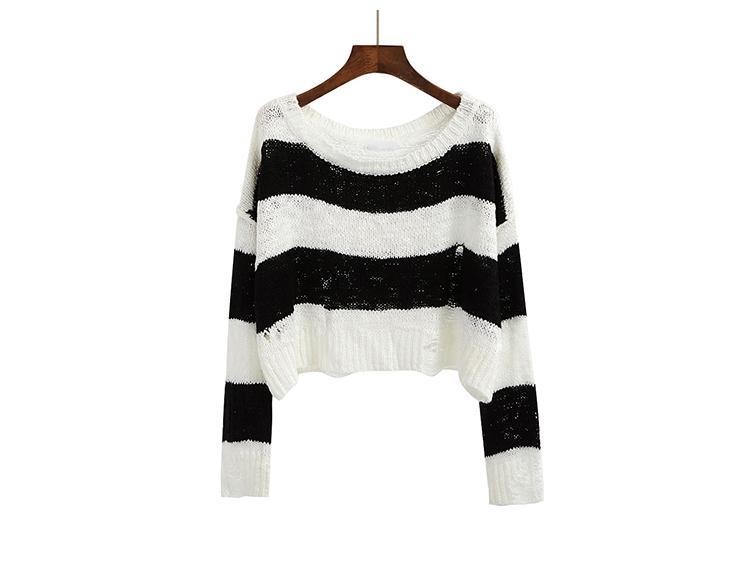 itGirl Shop BLACK WHITE BEIGE KNIT RIPPED HOLES CROP SWEATERS