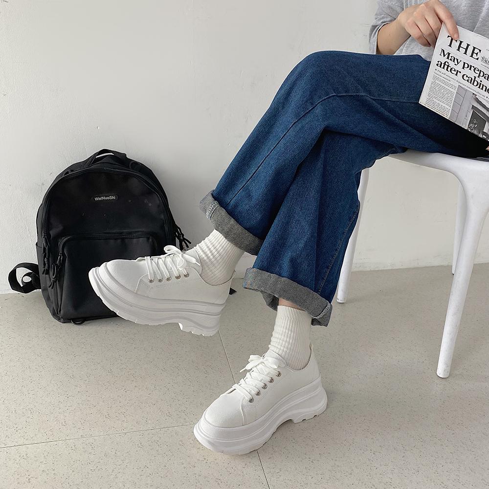 itGirl Shop BLACK WHITE CANVAS STITCHING THICK PLATFORM SNEAKERS