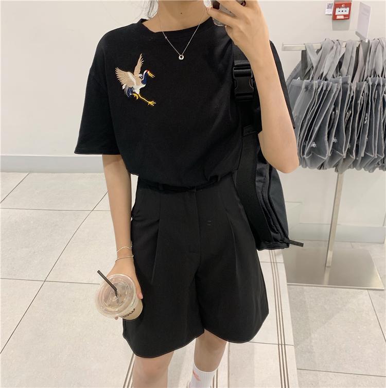 itGirl Shop BLACK WHITE CRANE EMBROIDERIES LOOSE T-SHIRT