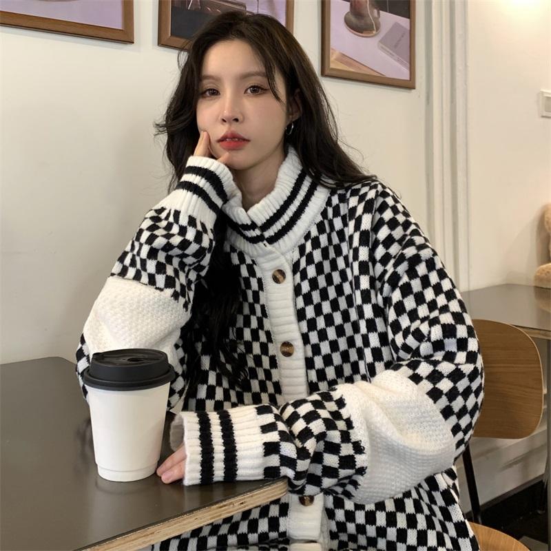 itGirl Shop BLACK WHITE VINTAGE STYLE KNITTED PLAID CARDIGAN