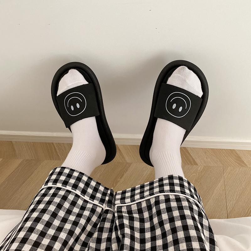 Black White Yellow Smile Print Rubber Slipper Sandals