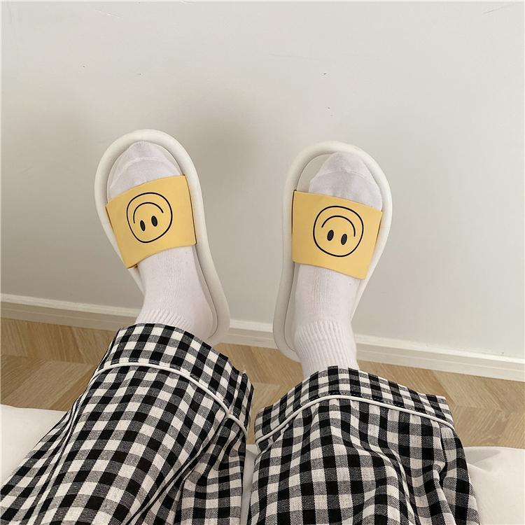 Black White Yellow Smile Print Rubber Slipper Sandals