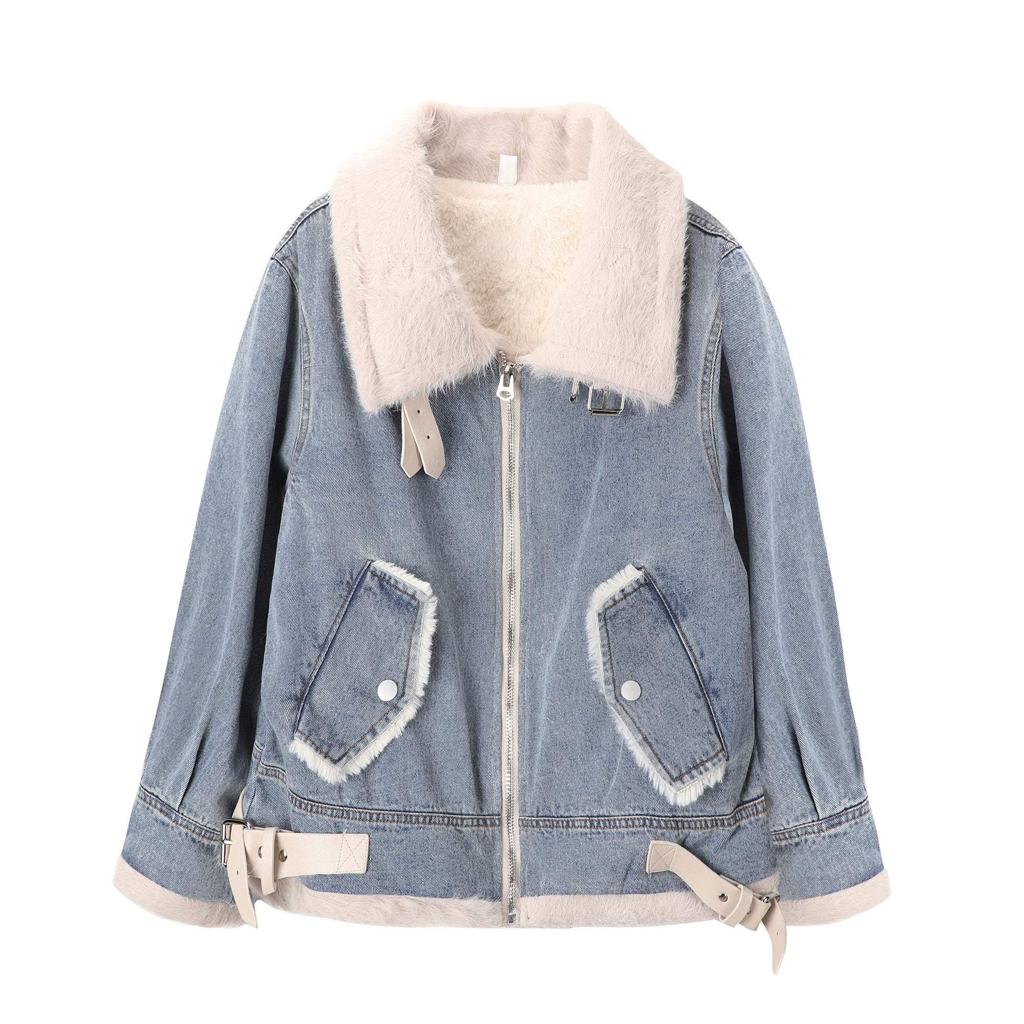 itGirl Shop - Aesthetic Clothing -Blue Denim White Faux Fur Jacket