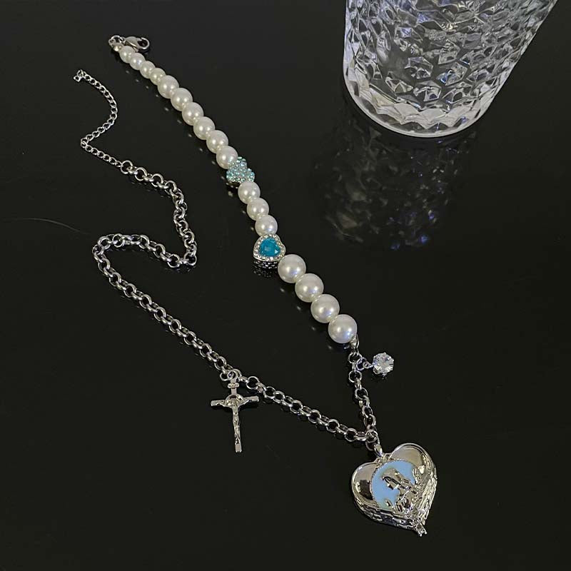 itGirl Shop BLUE HEART PENDANT SILVER CHAIN PEARL BEADS NECKLACE