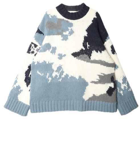 itGirl Shop BLUE SKY AND WHITE CLOUDS LOOSE WOOL KNITTED SWEATER