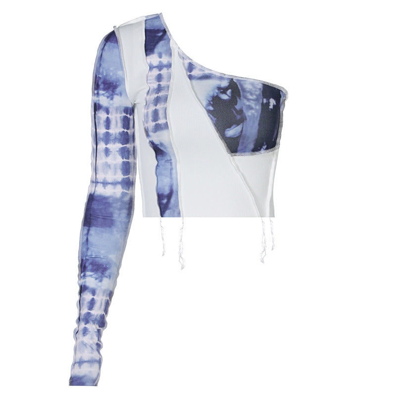 Aesthetic Clothing itGirl Shop Blue Tie Dye 90s Aesthetic Irregular Sleeve Crop Top